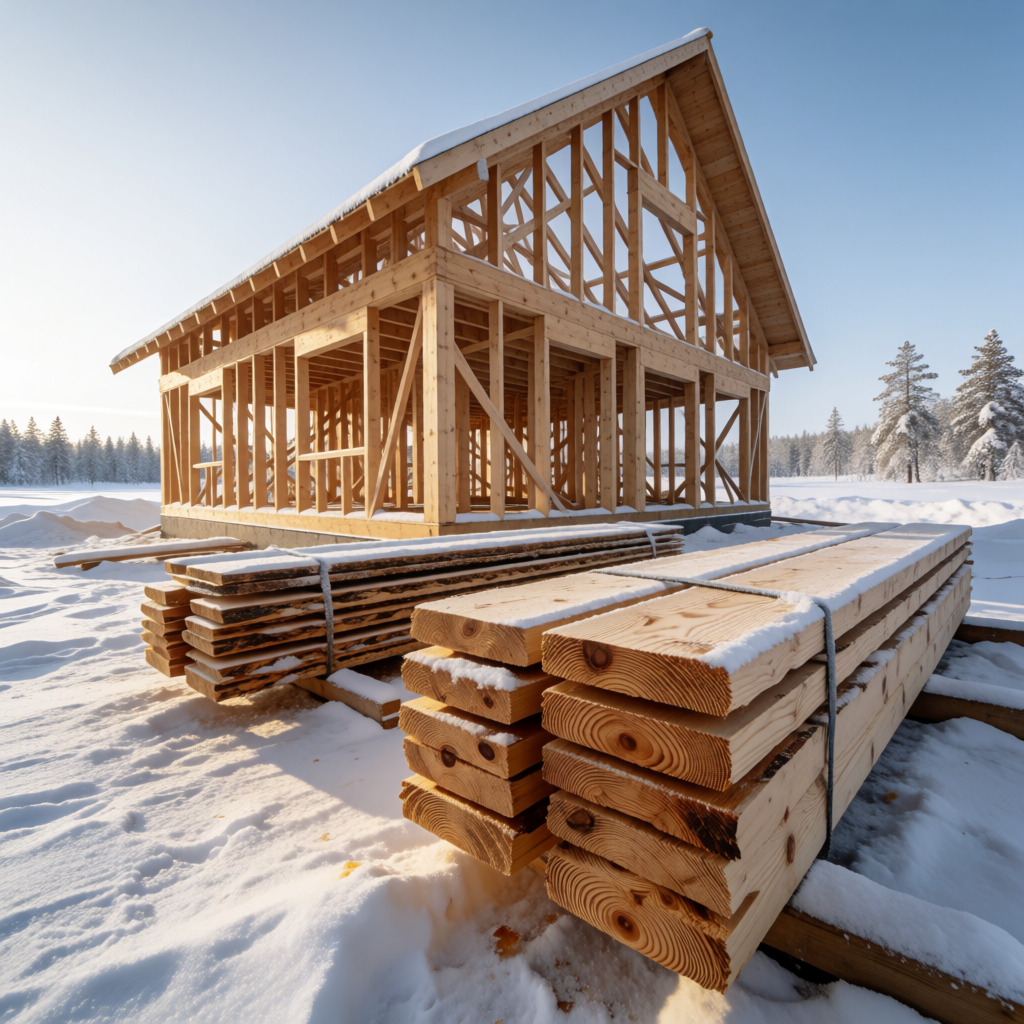 Frame house construction site with stacked boards in Siberian landscape